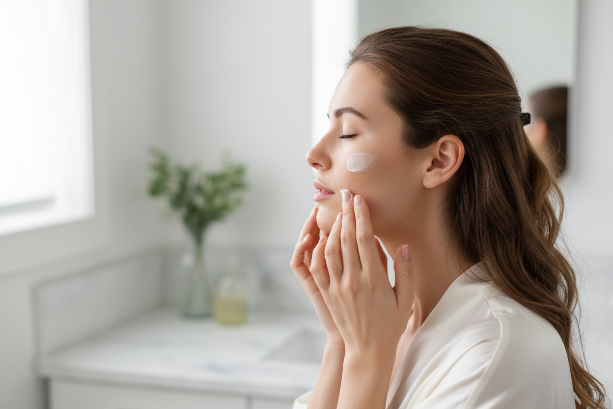 A woman putin on a cream from the side a litle and have chlosed eyes